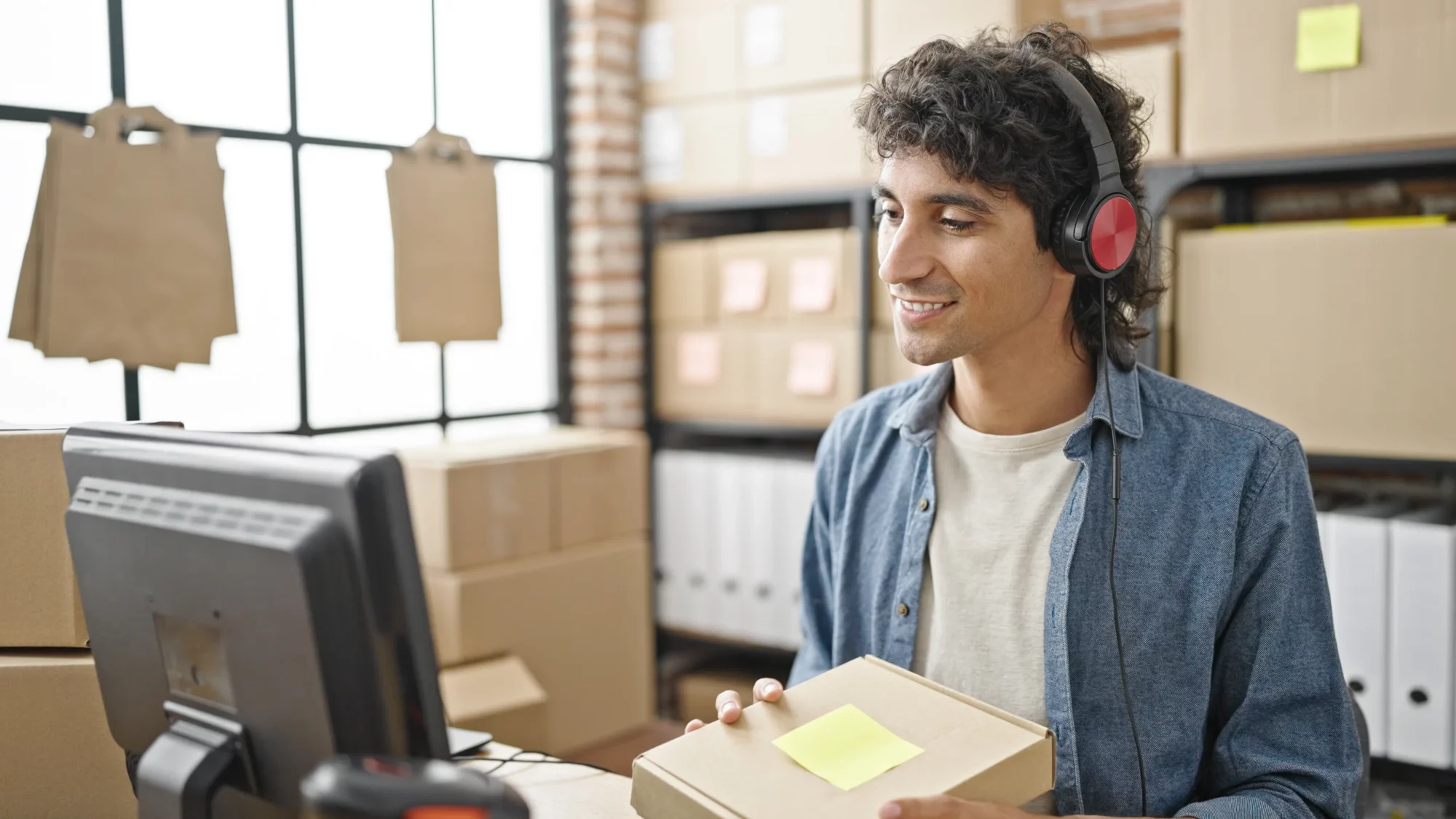 A business owner reviewing ecommerce insurance policies